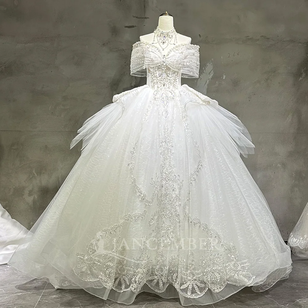

Customized Princess Off Shoulder Ball Gown Bride Dresses Beaded Wedding Dresses Sequins Sweetheart With Beads vestido de novia