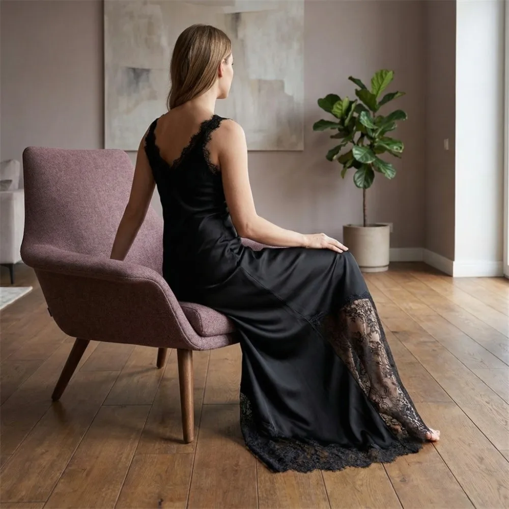 

New Satin Women's Lace Dress Sexy V Neck Slip Dress Slim Fit Backless Sleeveless Dress Street Wear