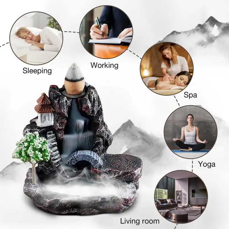 Backflow Incense Burner Resin Ceramic Waterfall Backflow Incense Holder Home Office Decoration With Incense Cones For Bedroom