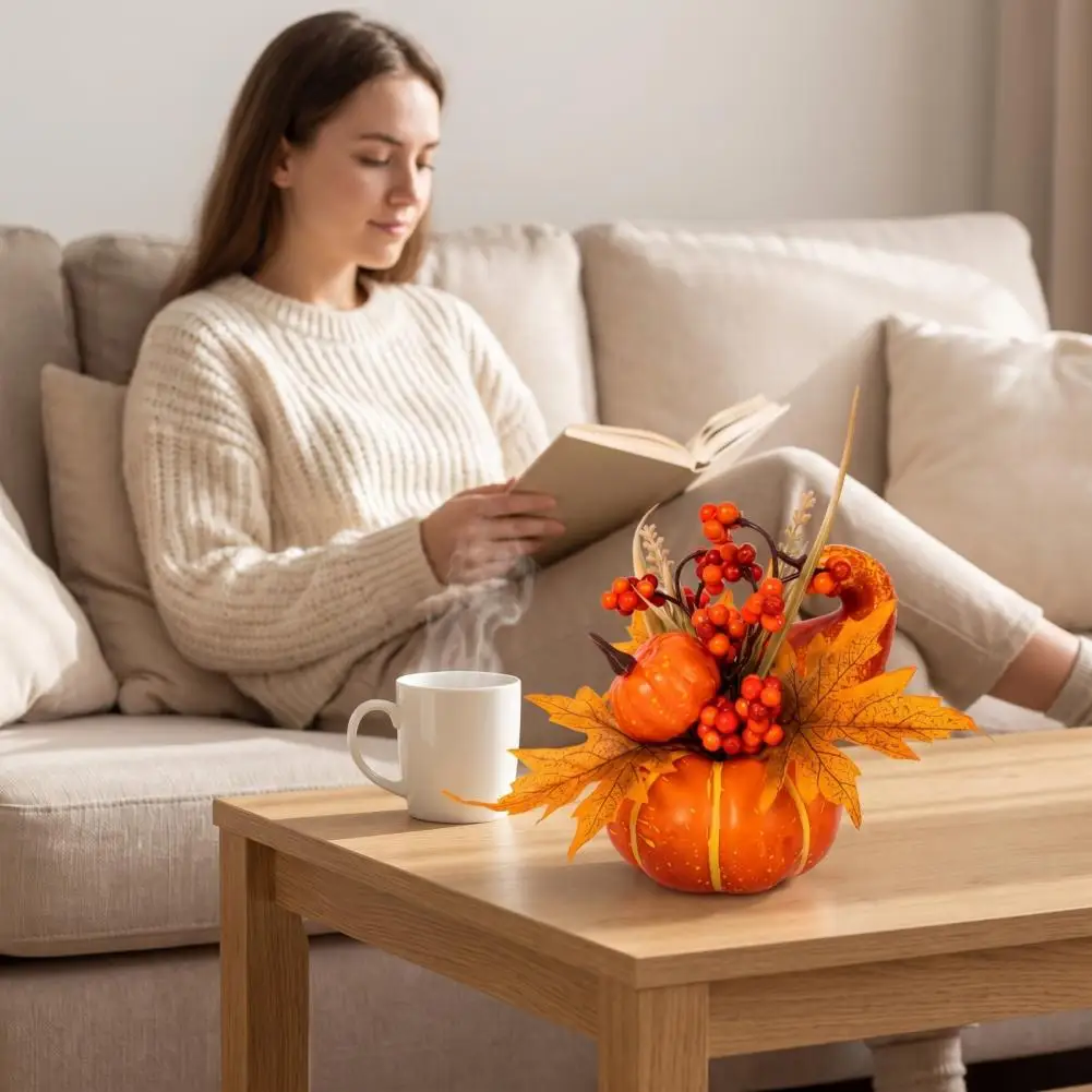 Autumn Mantle Decor Artificial Pumpkin Decor Artificial Pumpkin Table Centerpiece with Sunflowers Maple Leaves Pine Cones –