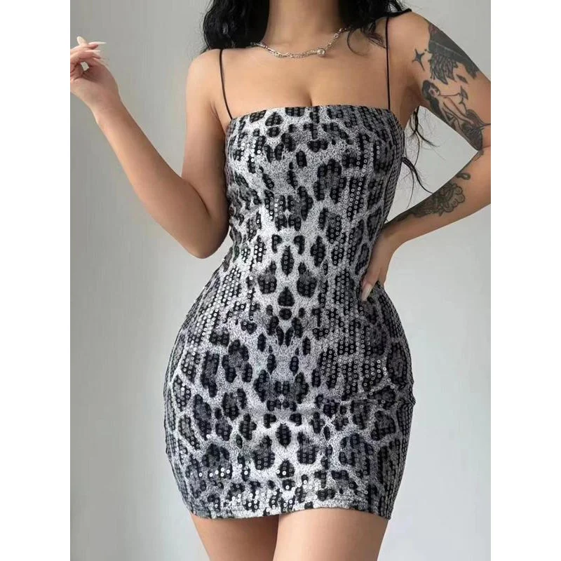 WOMEN'S leopard print baless sequins cami dress, fashionable sleepveless bodycon mini dress for party club dating wear, WOMEN'S