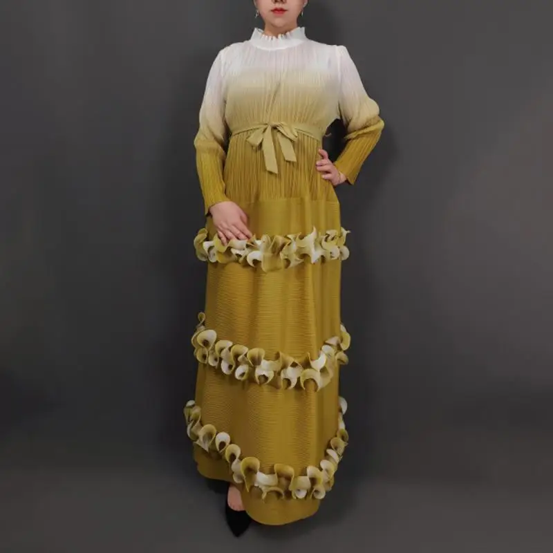 ALSEY 三宅 2025 夏の新ハイエンドグラデーションフリルプリーツドレス女性の伸縮性のあるルーズ長袖ネクタイプリーツ服