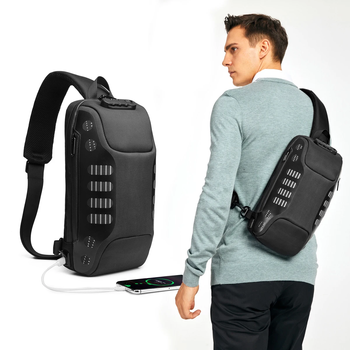 Tablet PC Bag 11inch Trip Chest Bag Men Waterproof USB Oxford Crossbody Bag Anti-Theft Shoulder Sling Short Travel Messenger