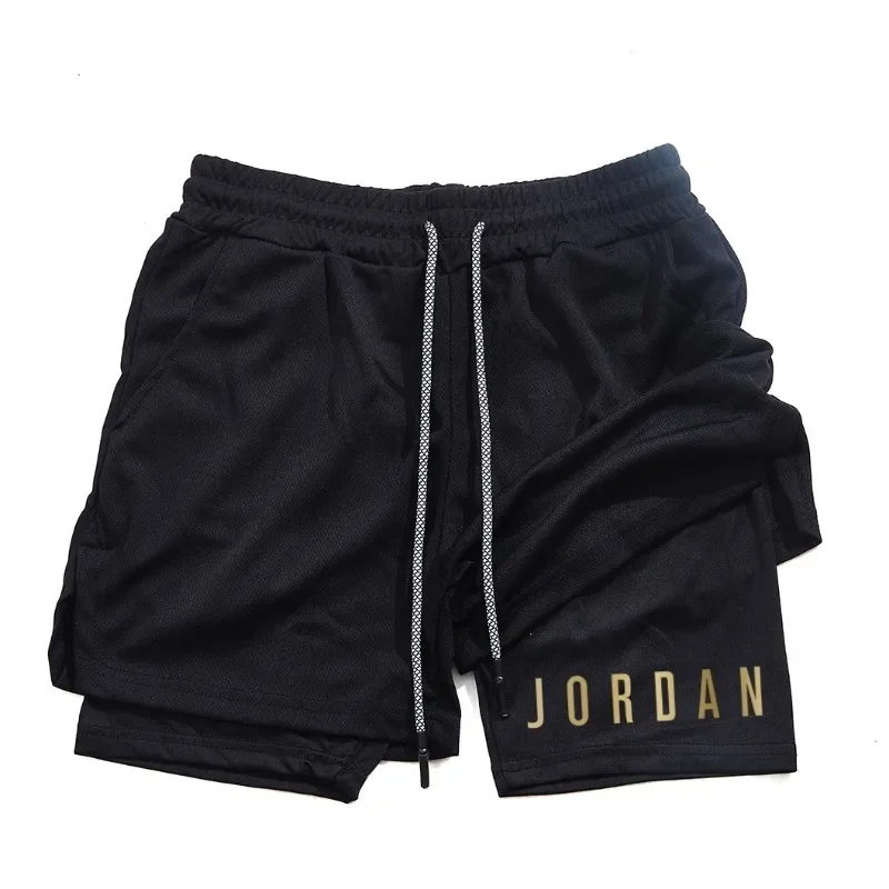 New men's letter 2-in-1 sports shorts, outdoor quick drying gym running training shorts, pocket outer mesh fabric