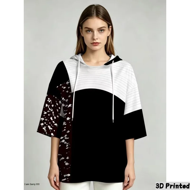 Ladies Autumn Half Sleeve Hooded Casual Versatile Pullover 3D Leopard Print Gradient Color Hoodie Comfortable Loose Streetwear