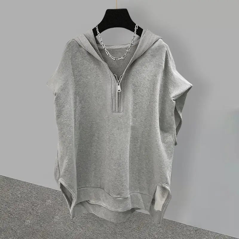 Simple Street Extra Large Solid Color Zipper Hooded Sleeveless Sweater For Men And Women In Autumn Ins Korean Loose Vest  Summer