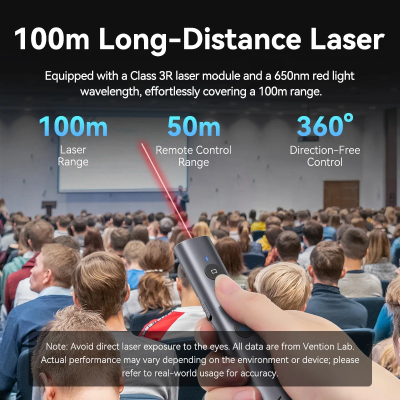 Vention 무선 레이저 포인터 프리젠터, 맥북 안드로이드 프로젝터용 프레젠테이션 펜, 100m, 2.4Ghz, USB C 타입, PPT 펜