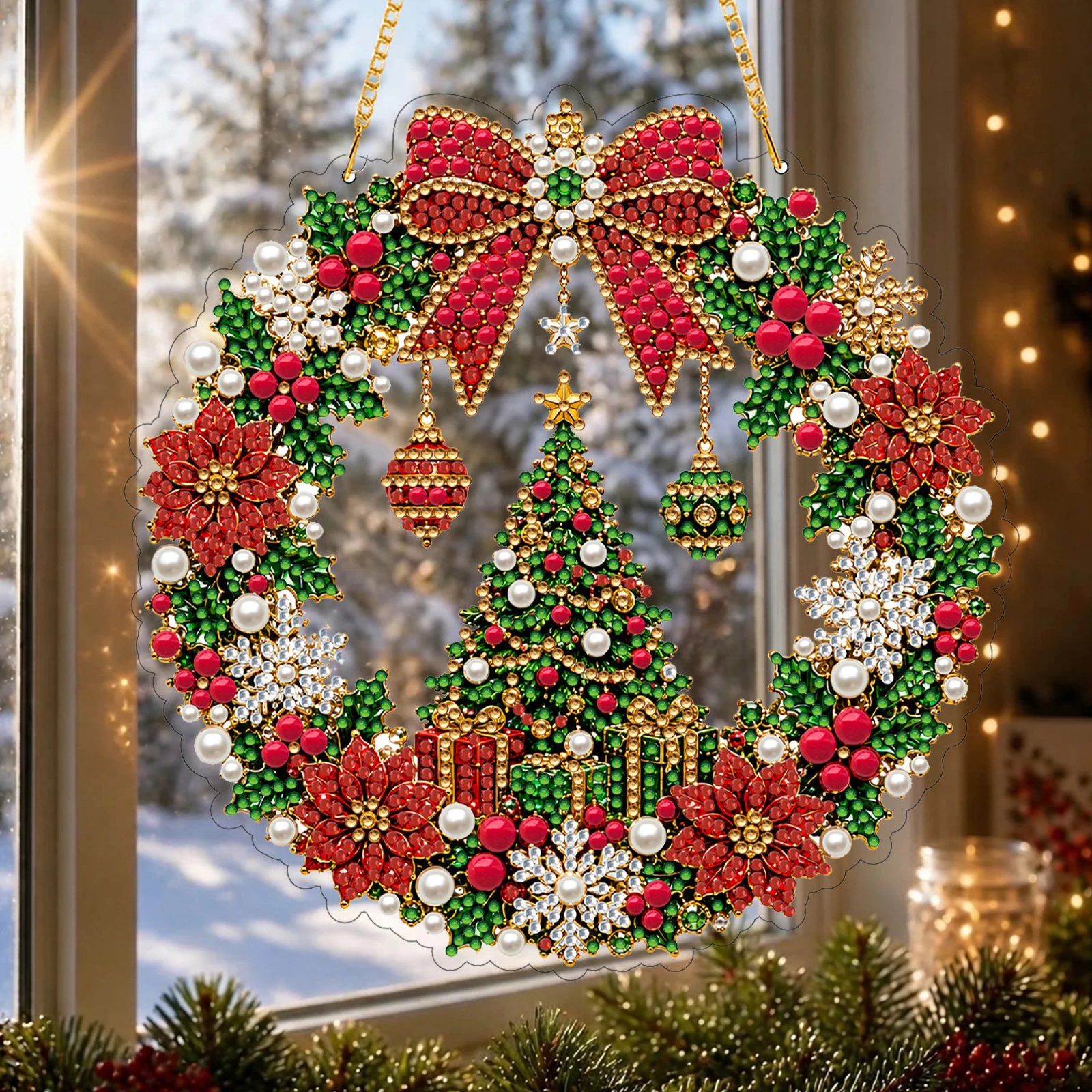DIY Christmas Wreath Kit Rhinestone Painting Wreath Suncatcher Ornament PET Board Christmas Pearl Diamond Art Kit for Adults