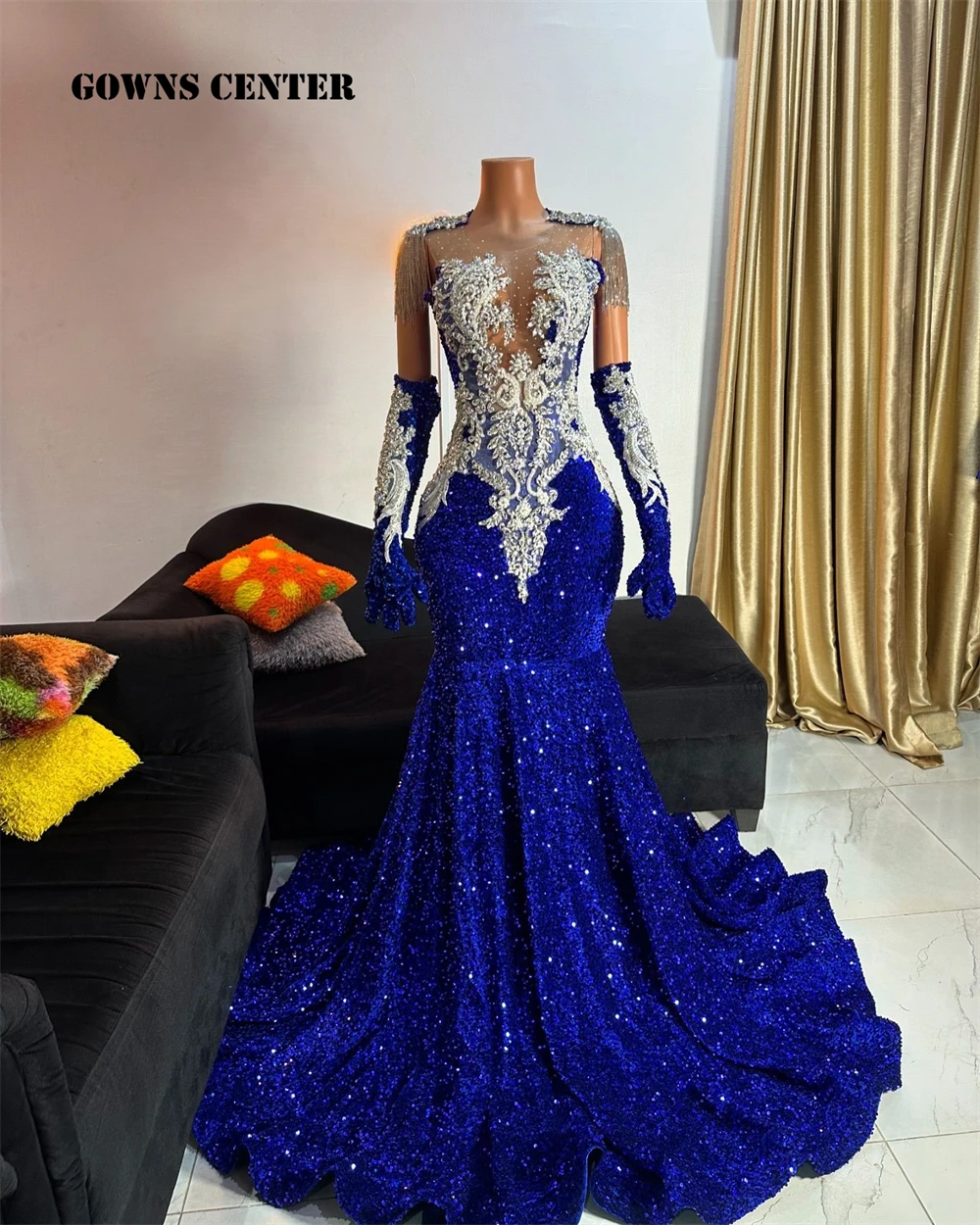 Sequin Royal Blue Luxury Prom Dresses Crystal Beading Tassles With Gloves Elegant Party Dress Mermaid Formal Gowns Customized