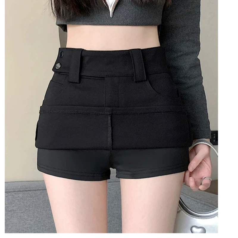 American Retro Khaki Suit Skirt Women's Spring Sexy Short A-Line High Waist Elastic Body Skirt Casual Style Button Detail