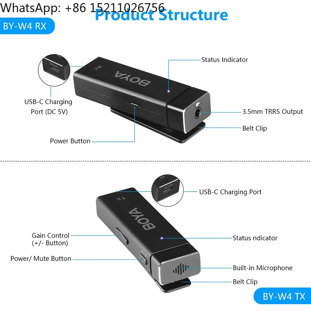 BY-W4 4-Channel Wireless Lavalier Lapel Microphone for iPhone Camera microphone Video Recording Podcast BY-W4