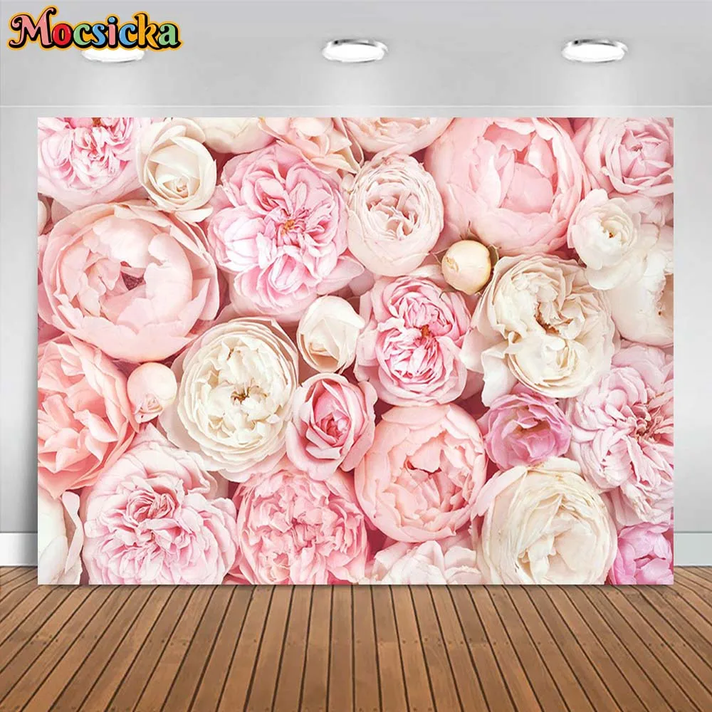 Mocsicka Pink Flowers Backdrop for Photography Wedding Birthday Women Baby Kids Portrait Photo Background Studio Photocall Props