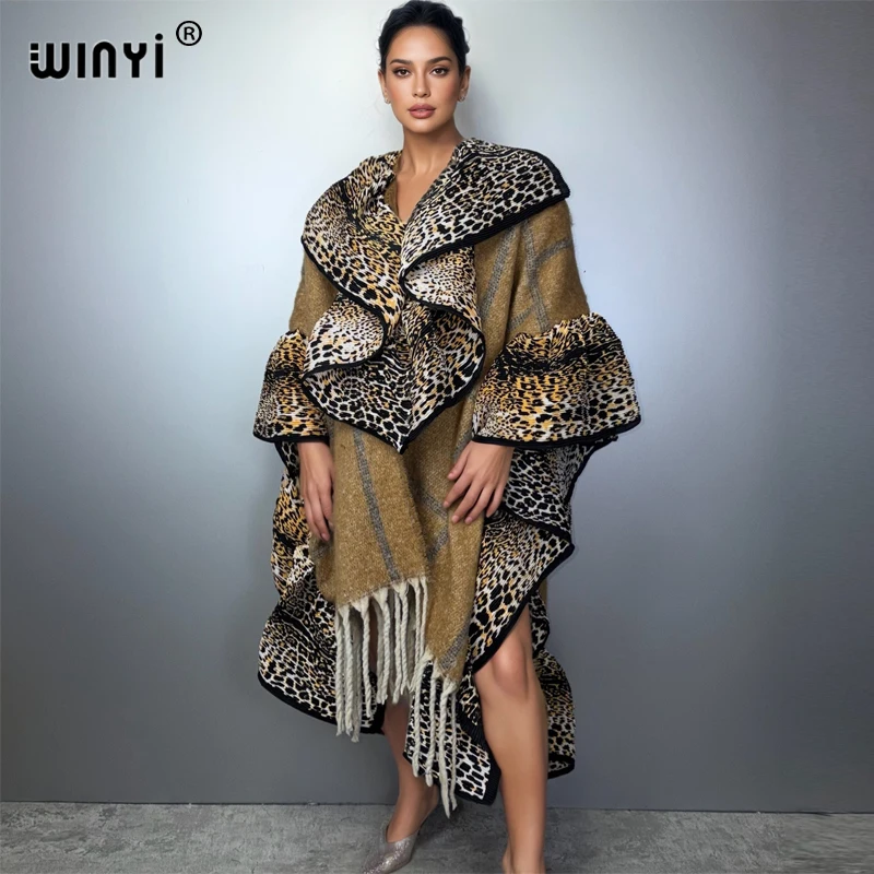 WINYI Leopard Print Tassel Cardigan Women's Winter Fashion Poncho Cape Jacket Luxury Female Overcoat Abaya Dubai Style