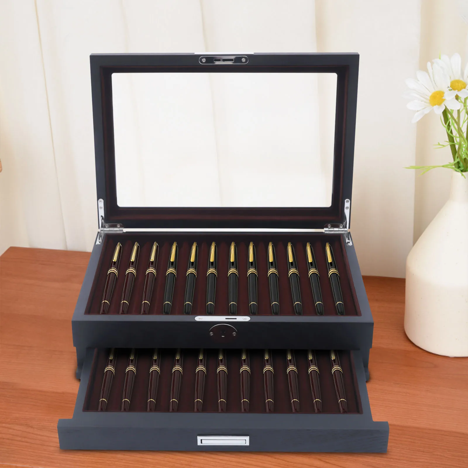 Wood Pen Display Box Luxury Fountain Pen Collector 12 Slot Pen Storage Organizer Case with a Key