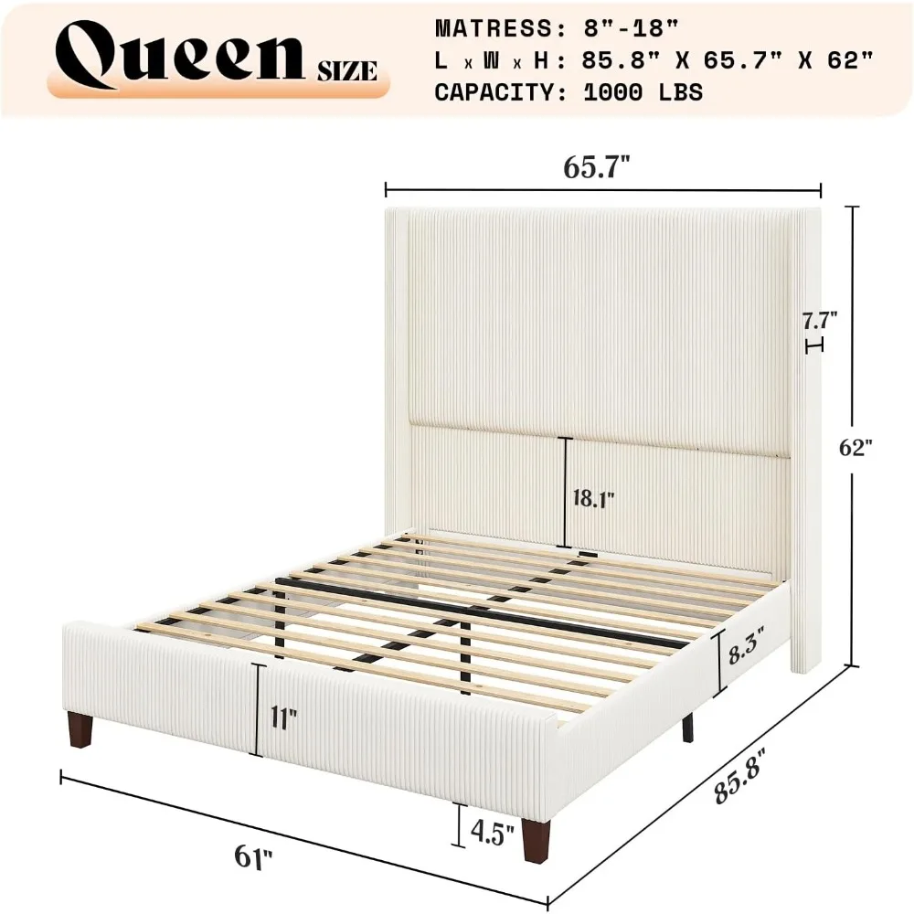 Queensize gestoffeerd bedframe, luxe platformbedden met extra hoog hoofdeinde met rugleuning, bedframe