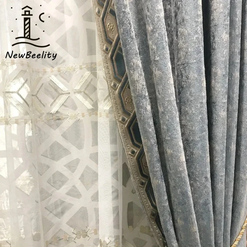 

Modern High-precision Curtains for Living Room Dining Bedroom Custom Gray Blue Luxury Niche Custom Flannel Blackout Curtains