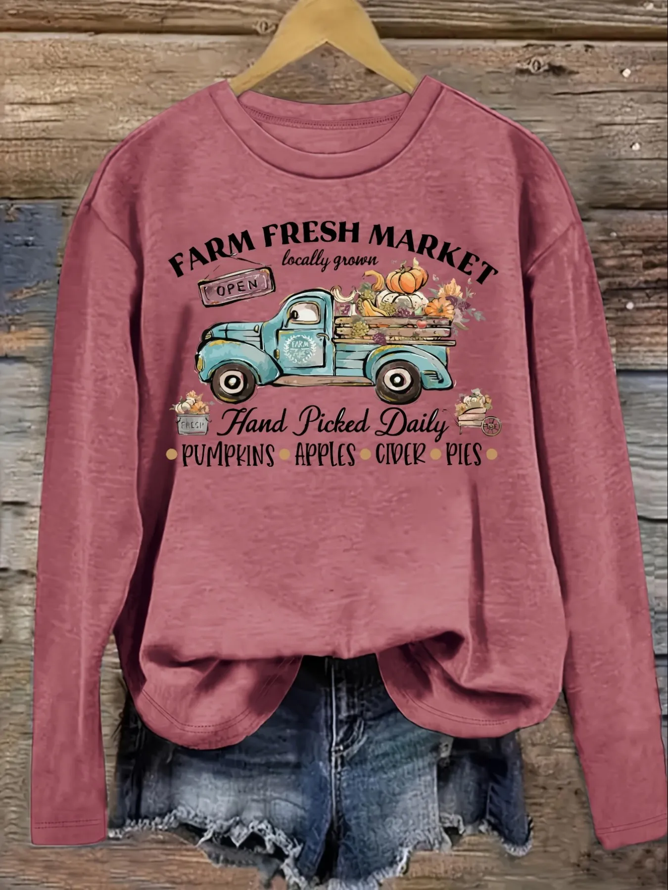 Women's Casual Long Sleeve Crew Neck T-Shirt Farm Fresh Market Truck Design Design, Round Neck Women's Clothing, Machine Washable, Slightly Elastic, Loose Fit, Spring Autumn Winter Women's T-Shirt, Halloween Costume Outfit view 3