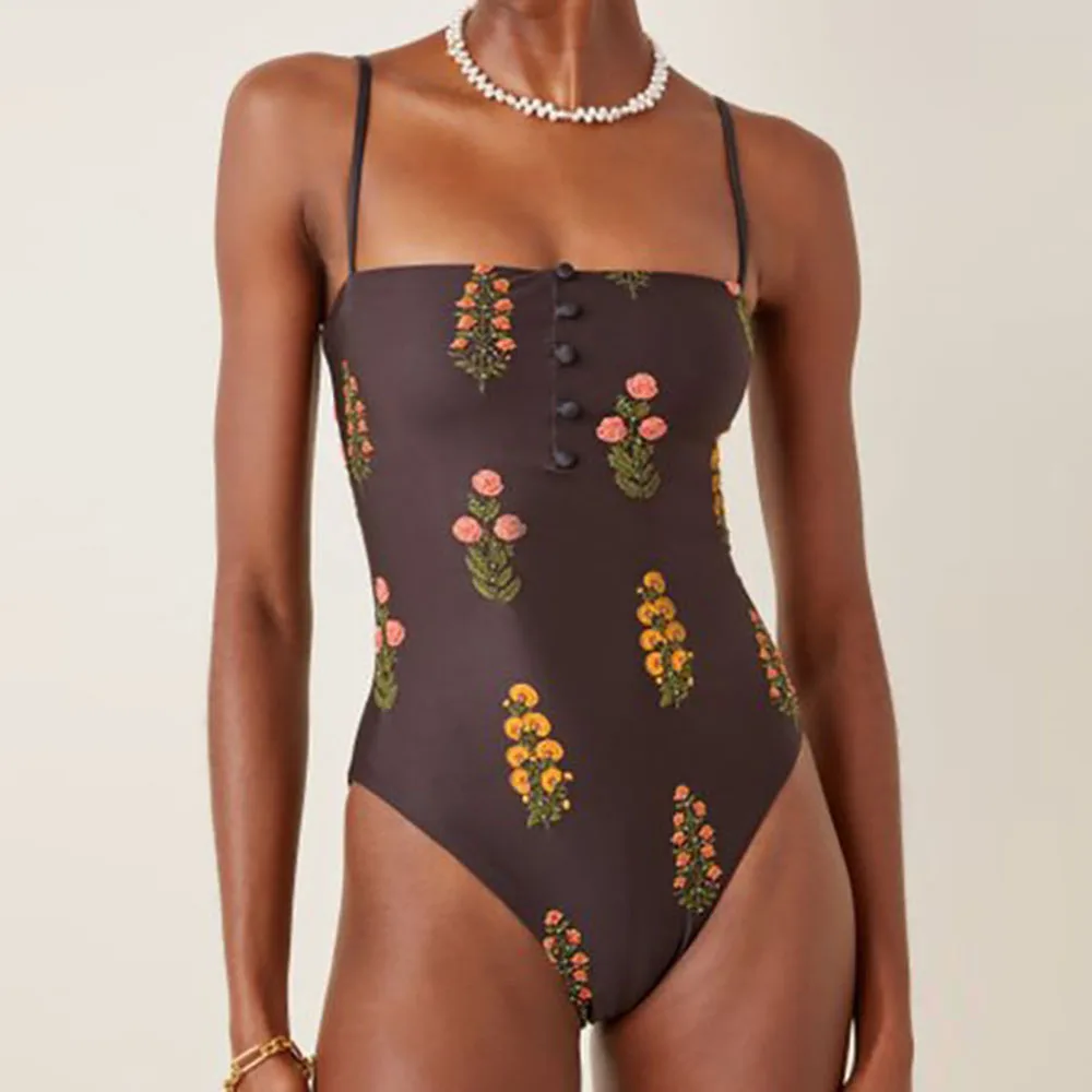 Bañador de una pieza para mujer, traje de baño con cuello cuadrado, estilo colgador, estampado, bordado, Sexy, para playa, 2023