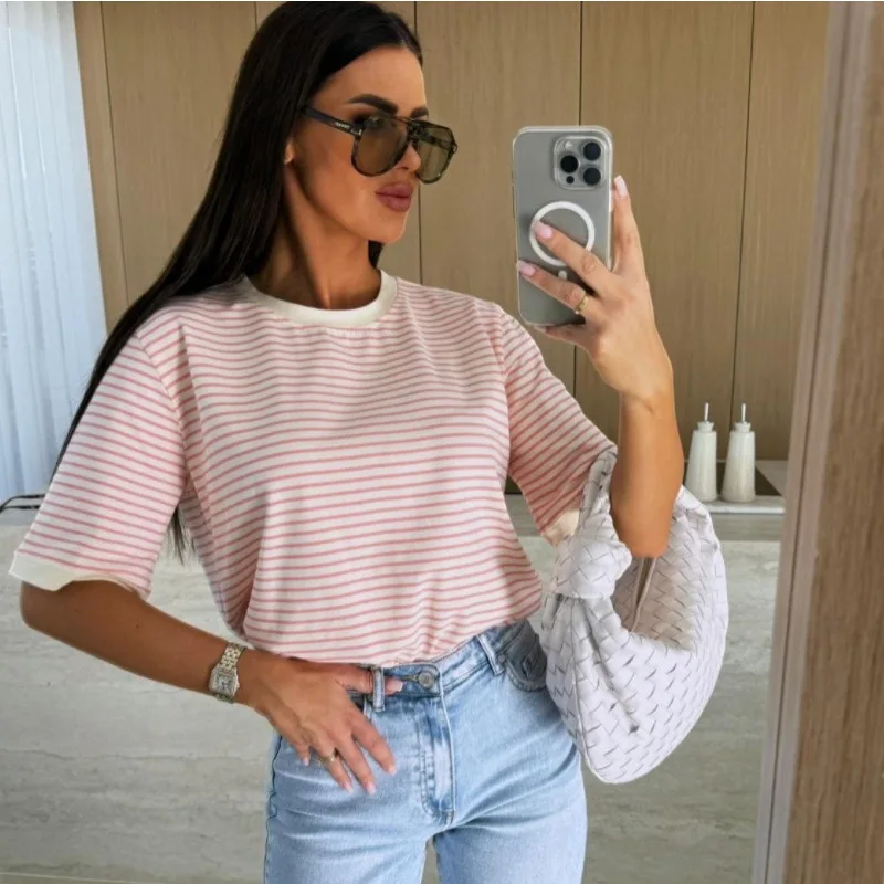 T-shirt da donna rotonda a righe Ne Loose ort Sve, comoda e casual, abbigliamento stagionale primaverile, altro Sle