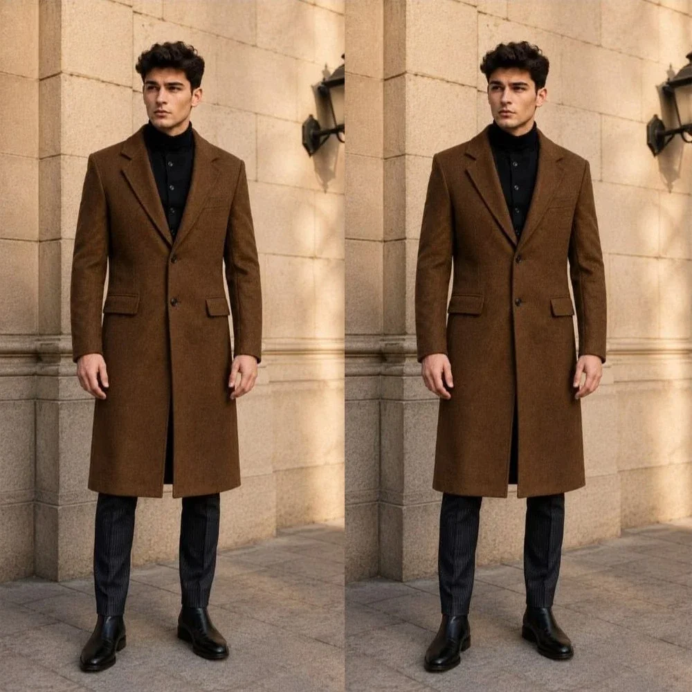 Men Brown Wool Long Overcoat Notch Lapel Single Breasted Knee Length Vintage Winter Business Outerwear Tailored Coat Customized