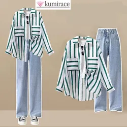 Summer Striped Patchwork Chiffon Shirt Wide Leg Pants Jeans Two-piece Elegant Women's Pants Set Casual Outfits Tracksuits