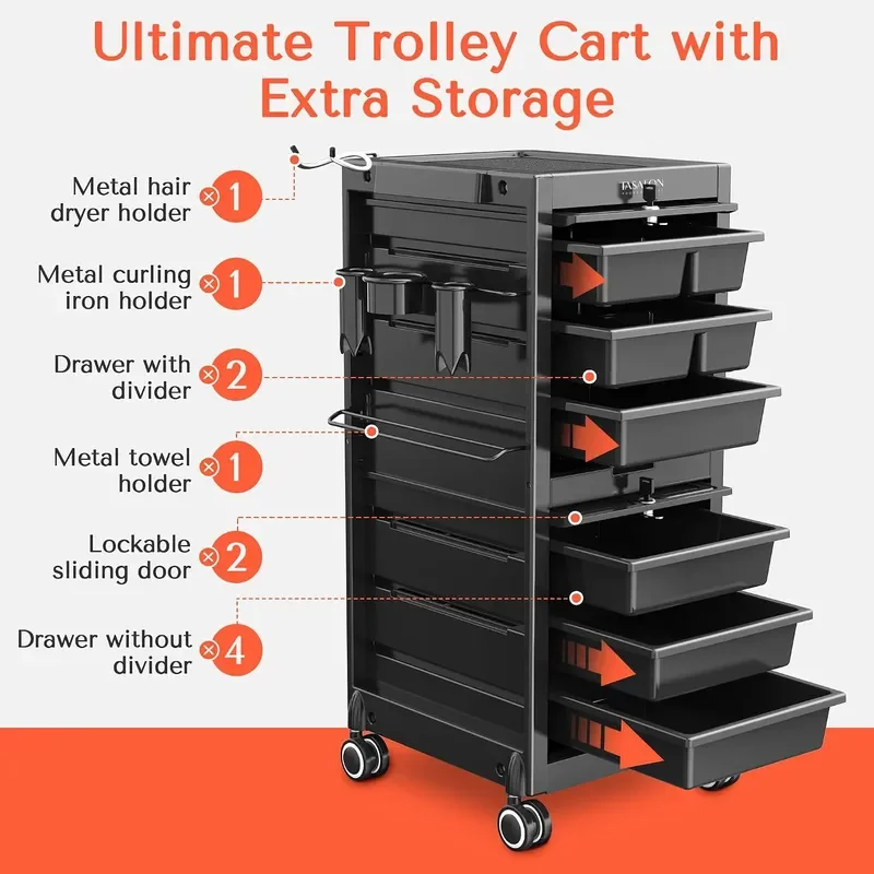 Lockable Salon Trolley 6-Drawer Rolling Beauty Cart with Tool Holders Mobile Hair Stylist Station with Locking Doors & Wheels