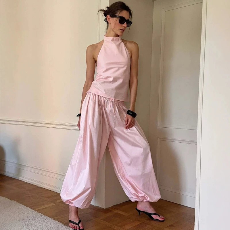 Typhaland Casual Top Bloomers Set Women's Sexy Halter-Neck Sleeveless Top Solid Loose Wide-Leg Balloon Pants Set 2026Summer New view 6