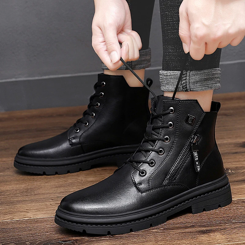 Man ankle Boots Genuine Leather 2024 Winter Men\'s cow Leather Shoes Ankle Boot Male Winter Shoe Plush Fur Warm shoes men