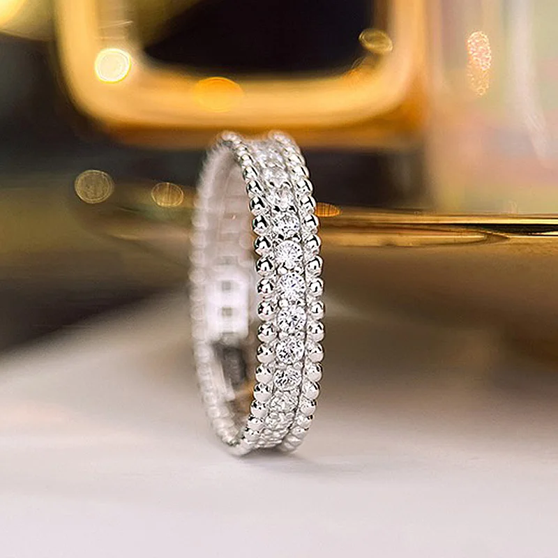 S925 Silver Ring Minimalist Narrow Edition Single Row Diamond Full Sky Star Bead Edge Ring for Female Couples Wedding Ring