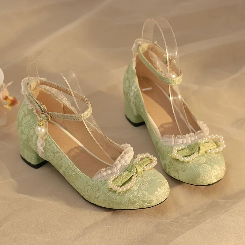 

Fairy-style Beaded Bow Flat Single Shoes, Spring and Summer,chunky Heel,shallow Mouth,Hanfu and Qipao,Chinese Style Casual Shoes