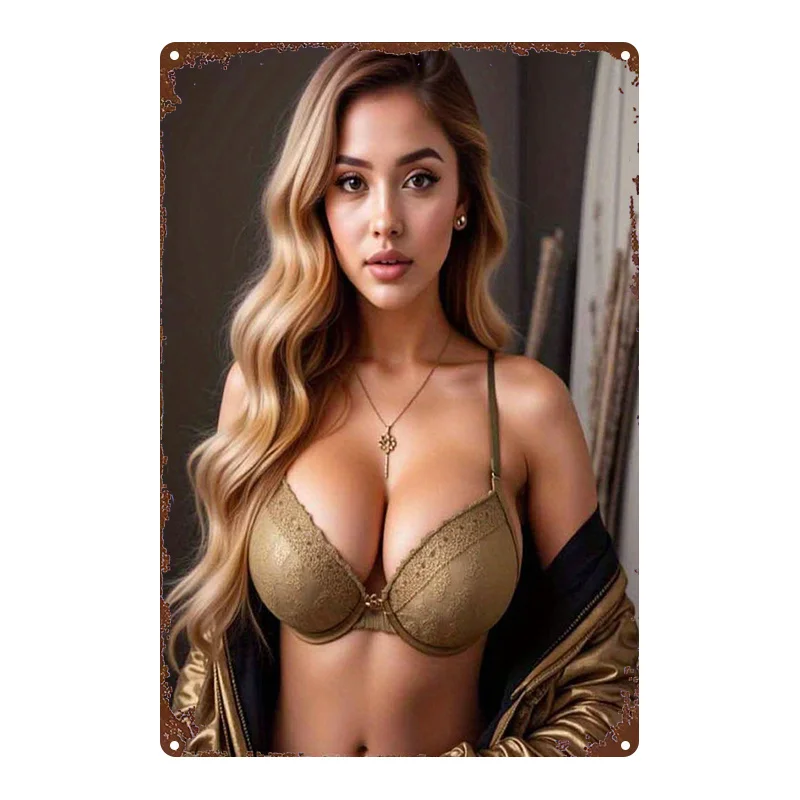 New Trendy HD Metal Wall Art - Vintage Rustic Style Featuring a Gorgeous Blonde Woman with Long Wavy Hair Wearing Elegant Gold L