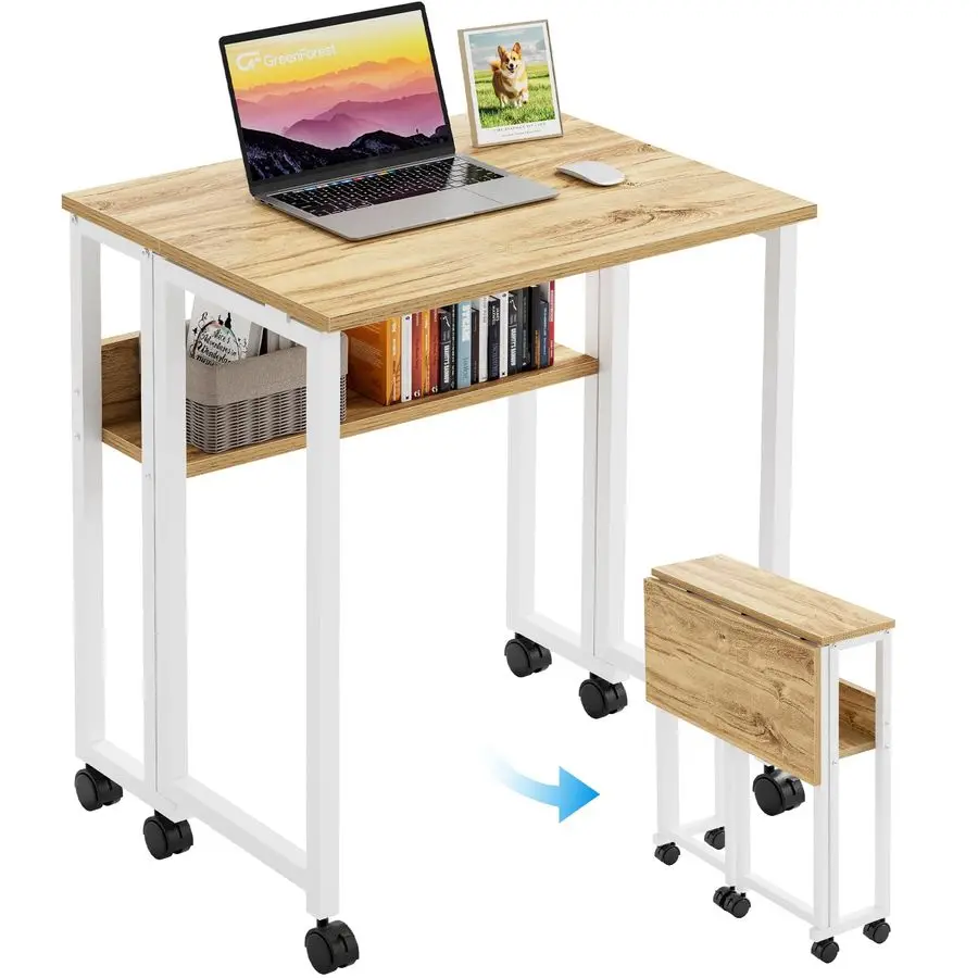 

Folding Desk Small Rolling Desk with Storage Shelf,24.8 inch Foldable Computer Desk with Wheels for Small Space,Easy Assembly,O