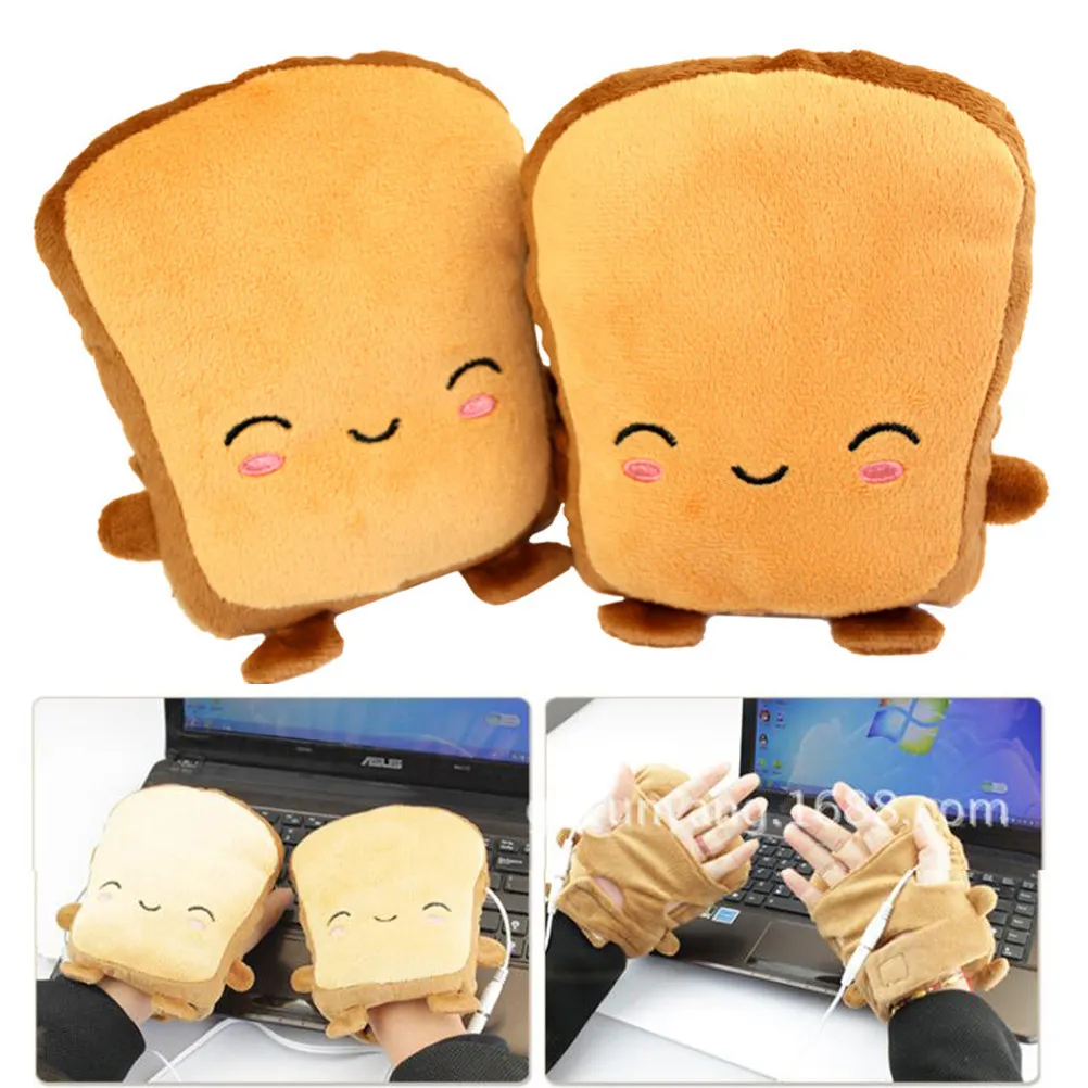 1 Pair Usb Heating Gloves Toast Pattern Crying Face Semi-Wearable Fingerless Warmers For Office Adults Heated Winter