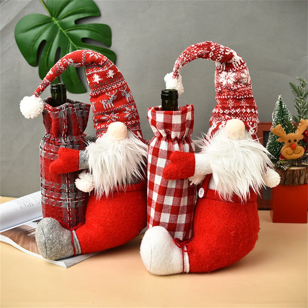 Christmas Wine Bottle Covers Cute Plaid Faceless Santa Doll Wine Decorative Cover Ornaments Xmas Party Decoration