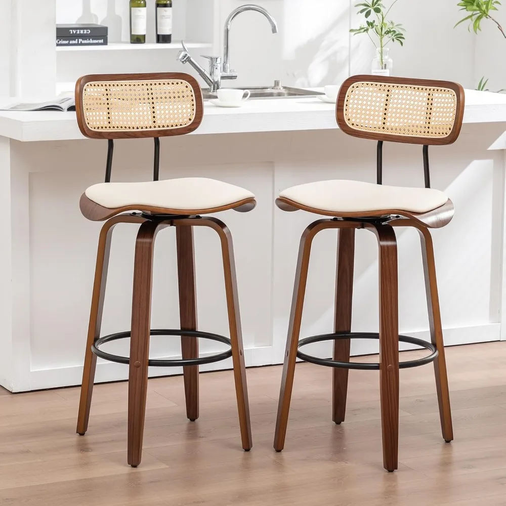 

Set of 2 29.9 Inch Swivel Rattan Bar Stools with Cane Backrest and Upholstered Faux Leather Seats