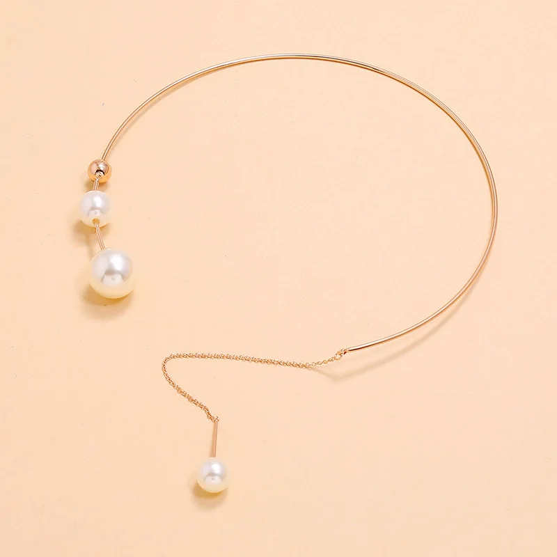 New Geometric Simple Round Bead Opening Adjustable Metal Collar Cold Wind Imitation Pearl Necklace for Women Boho Jewelry Gift