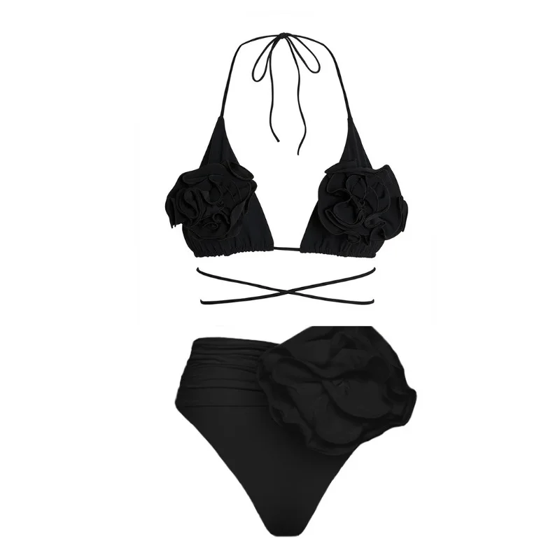 

CPUTAN Black 3D Flower Push Up Bikini Set Halter Two Piece Swimwear Sexy Biquini Swimsuit Summer Bath Suit High Waist Beachwear