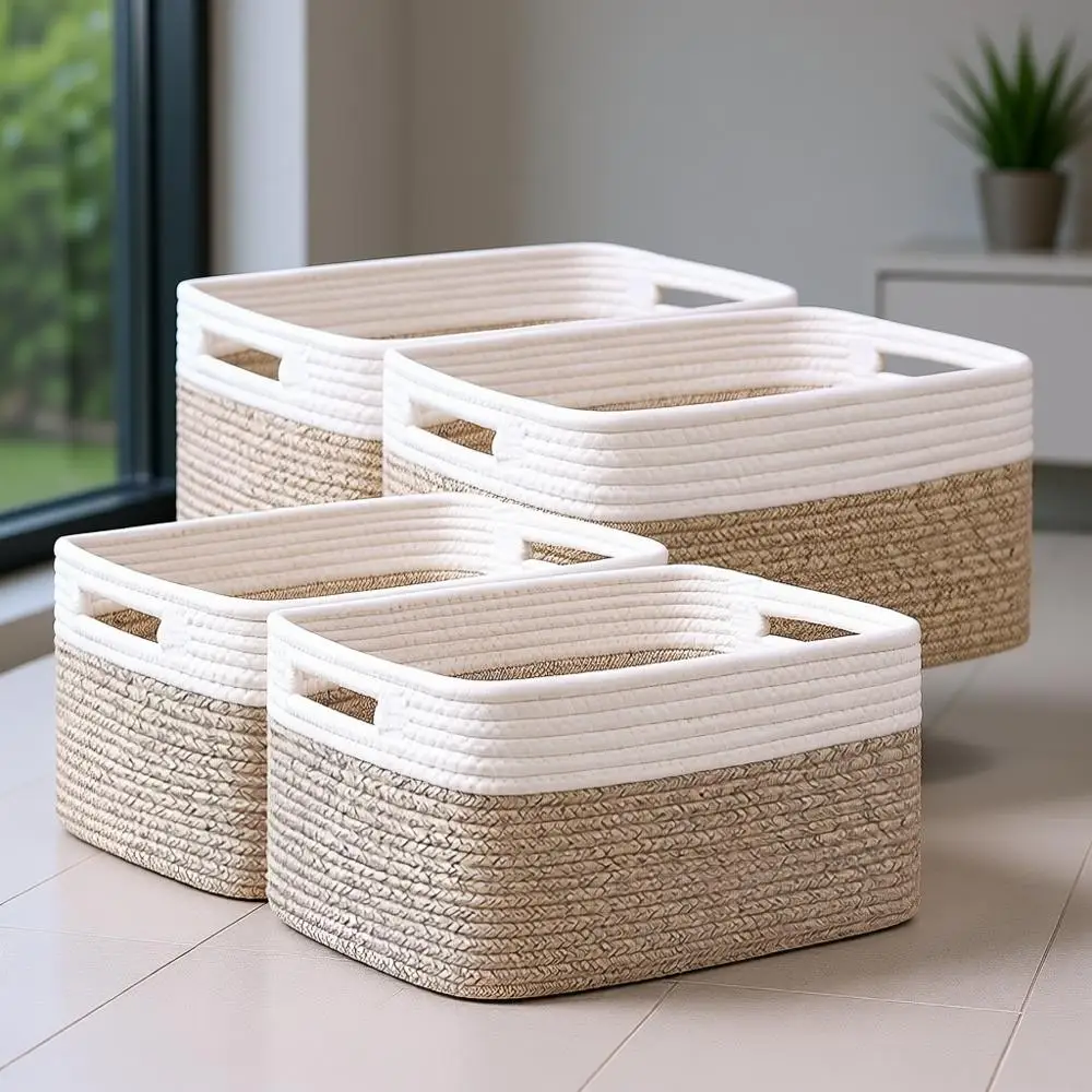 

Набор из 4 корзин для хранения с ручками, плетеные кубические контейнеры, 13 длины x 9 ширины x 7,5 высоты, белый и светло-коричневый