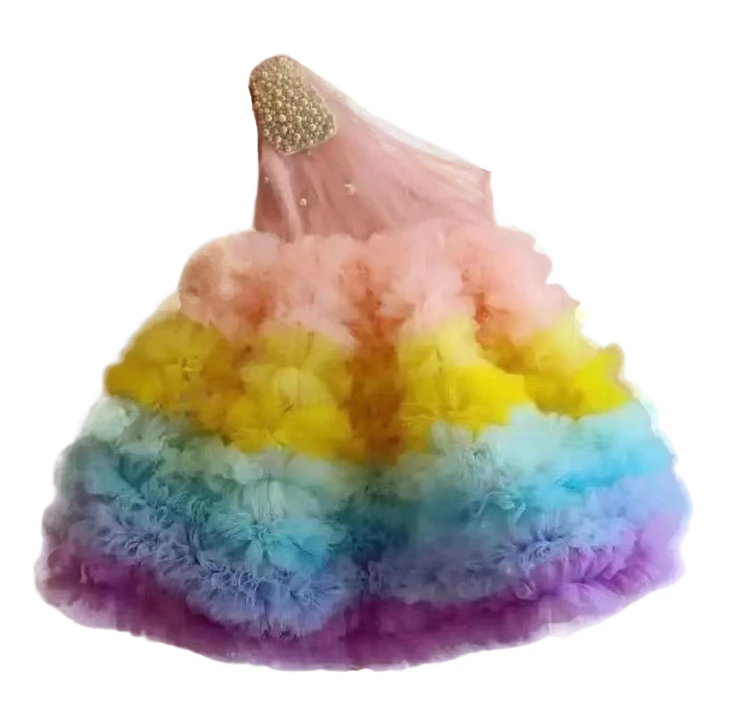 Custom-made Tiered Puff Skirt Baby Girls Rainbow Party Dress for Wedding Tulle Christmas Ceremonial Dress for 1-14-Year-old Kids