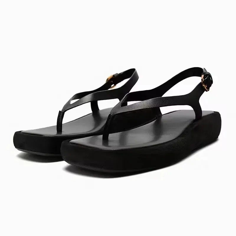 2024Summer Pinch Slippers sandals  Shoes Fashion Open Toe Buckle Strap Soft Leather Flip-flops Women Wedge  Beach