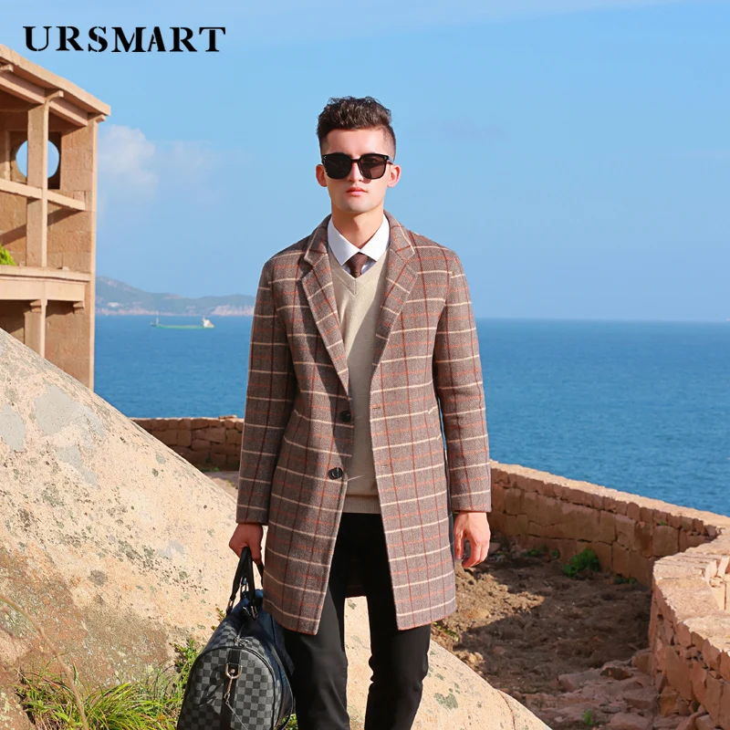 Double sided men's  woolen coat medium and long fashion British Plaid suit collar business casual winter coat for men