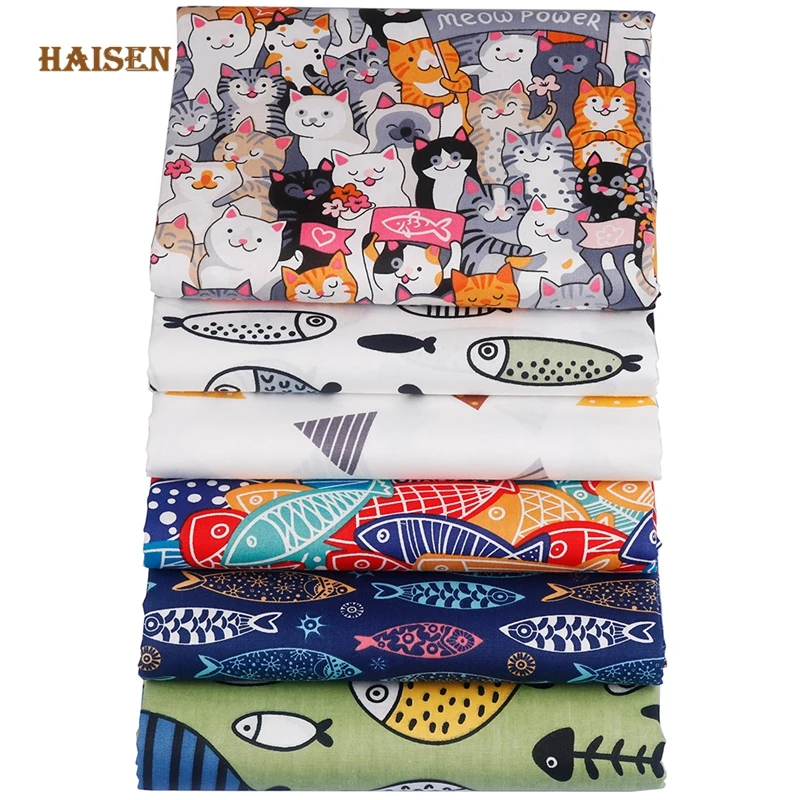 Haisen,Cartoon Kitten Eats Fish Printed Cotton Fabric Twill Cloth,DIY Sewing Quilting Sheet Home Textiles Material ForBaby&Child