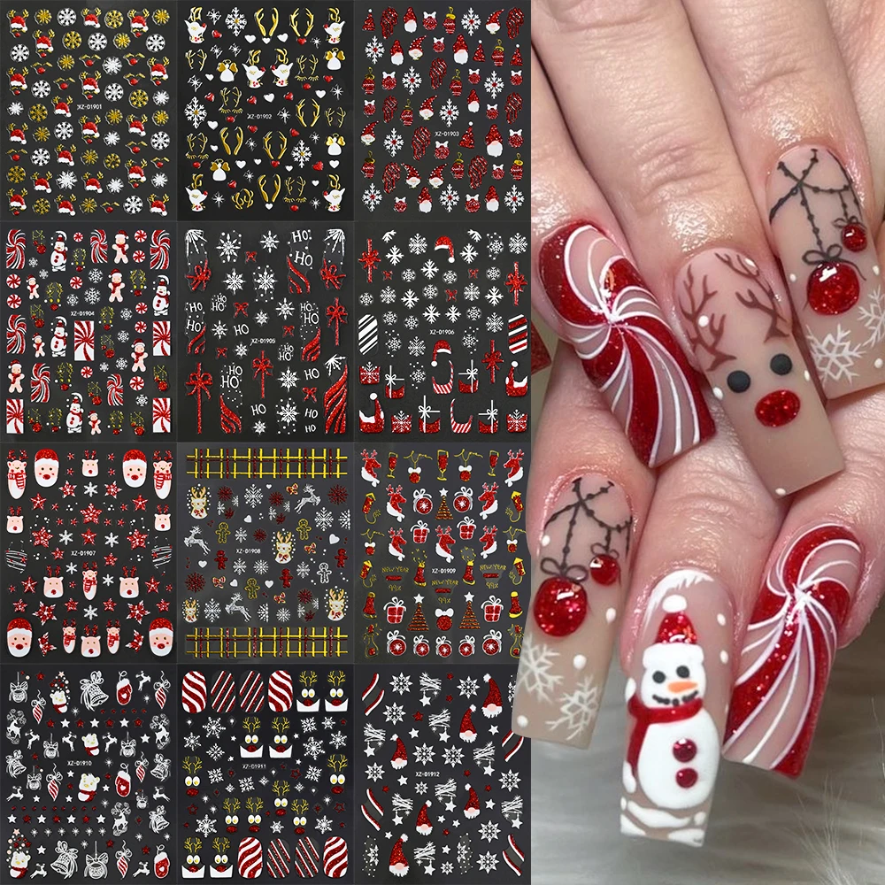 12Pcs Red Glitter Christmas Nail Sticker Gold Silver 3D Santa Claus/Snowflake/Elk/Snowman Winter Nail Decals Xmas Festival Decor