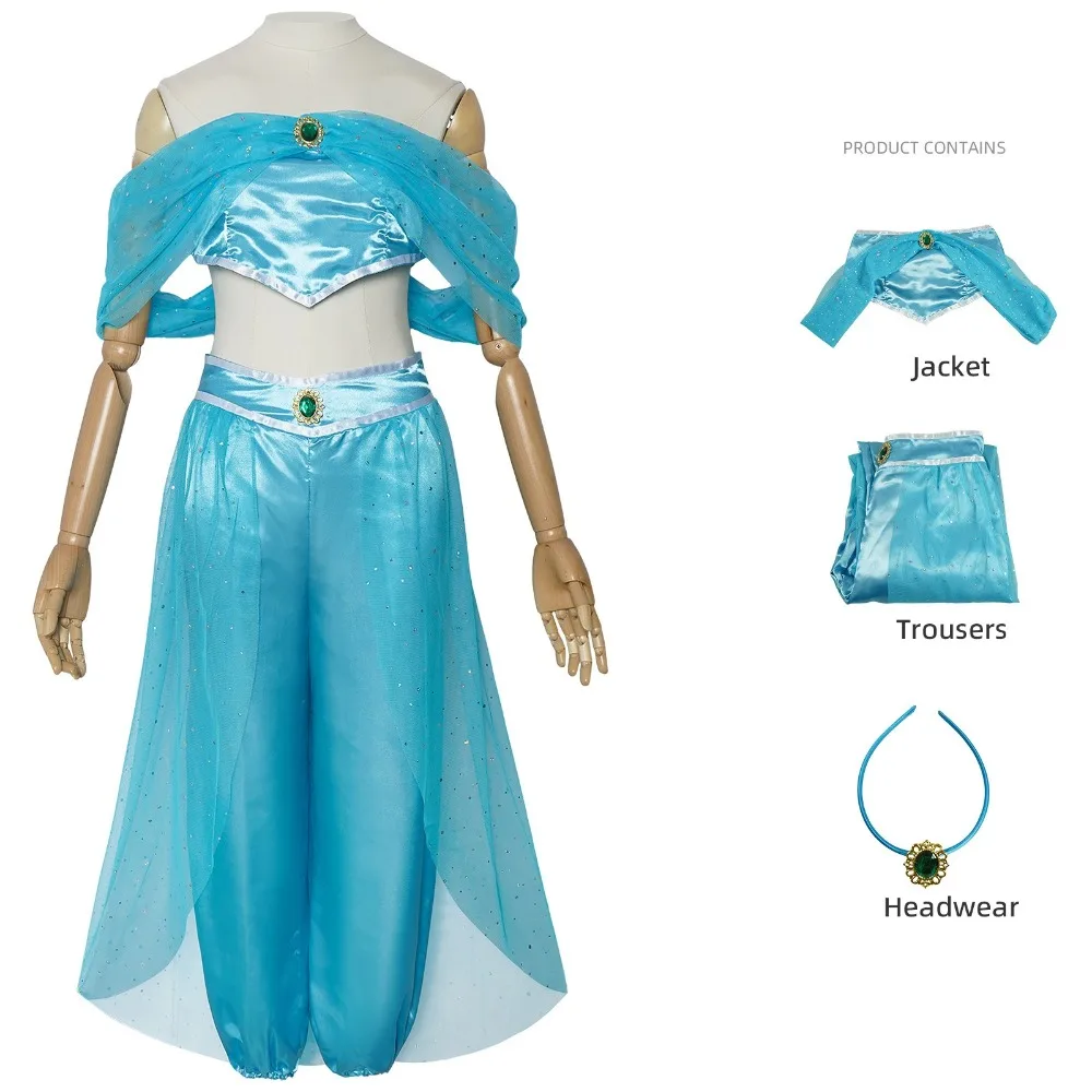 

Movie Aladdin's Lamp Princess Jasmine Blue Outfits Dress Princess Jasmine Cosplay Costume Halloween Carnival Cosplay Costume