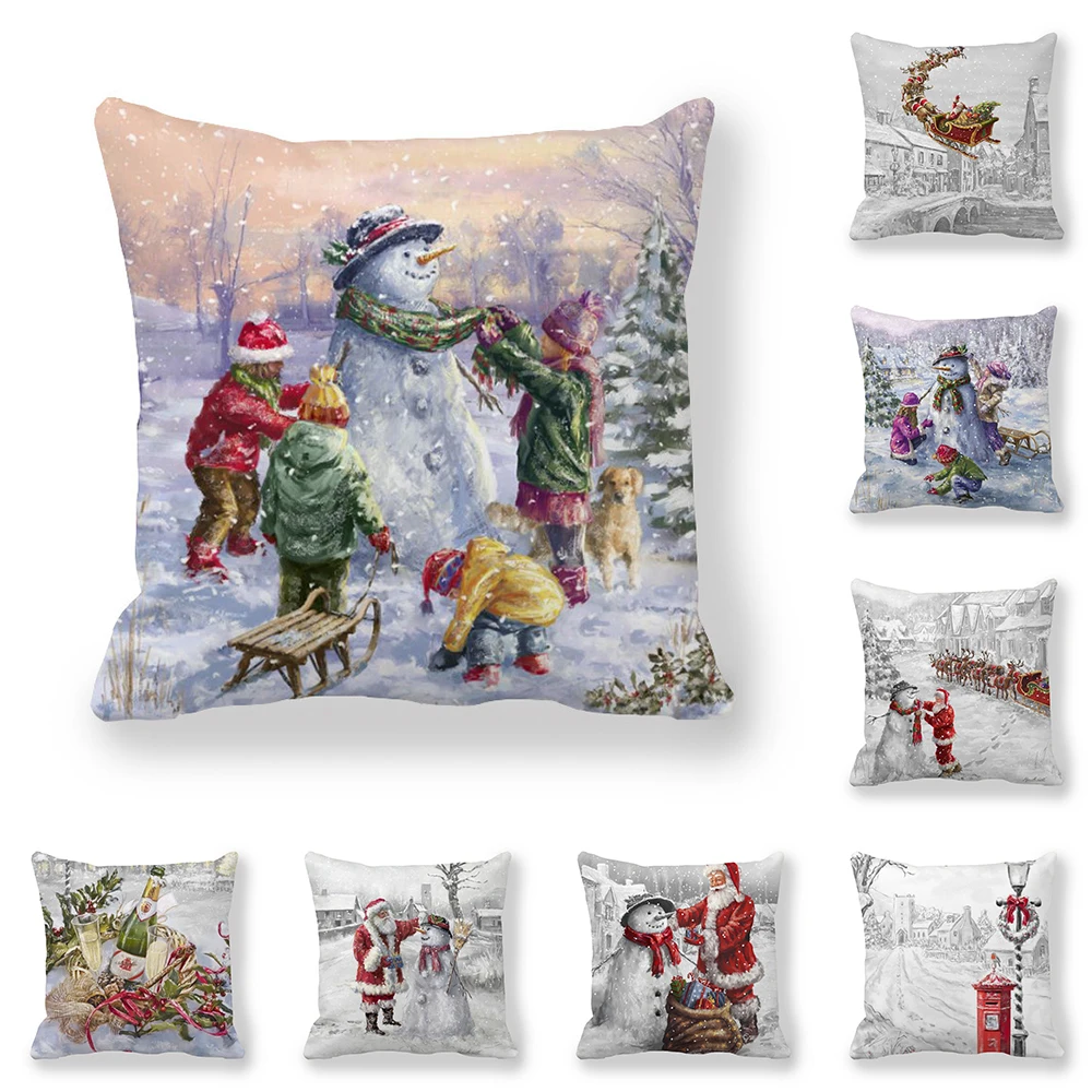 

Santa Claus Snowman Elk Print Pattern Cushion Cover Home Living Room Sofa Decoration Throw Pillow 45x45cm