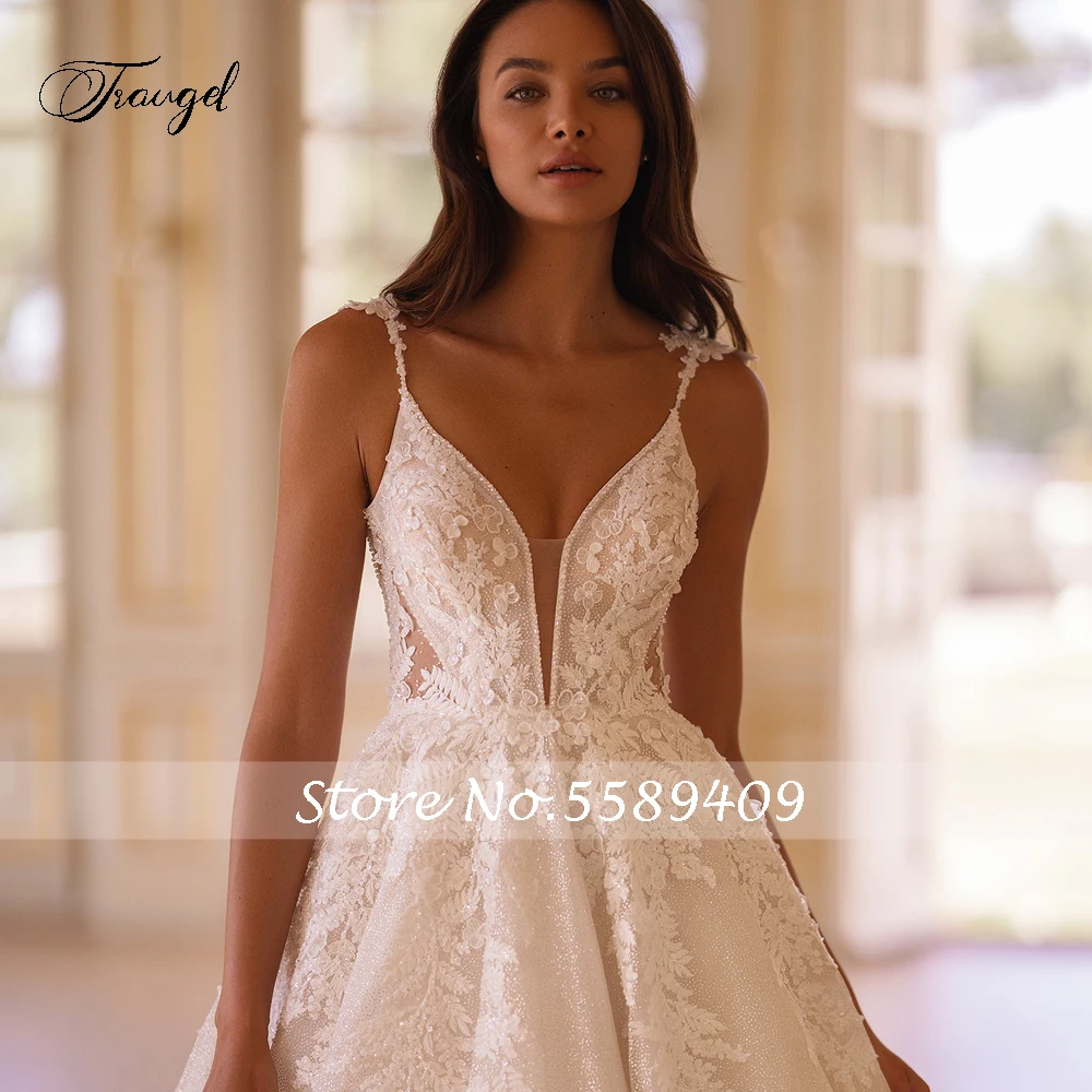 Traugel Elegant Sweetheart Appliques Lace Vintage Wedding Dresses Luxury Spaghetti Straps Beaded Court Train A Line Bridal Gown