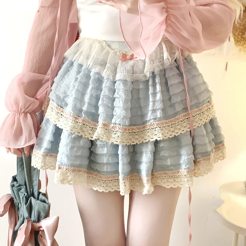 Sweet Lolita Lace Cake Skirt Women Pink Vintage Elegant A-line Mini Skirts Female Korean Fashion Preppy Style Pleated Skirt 2024