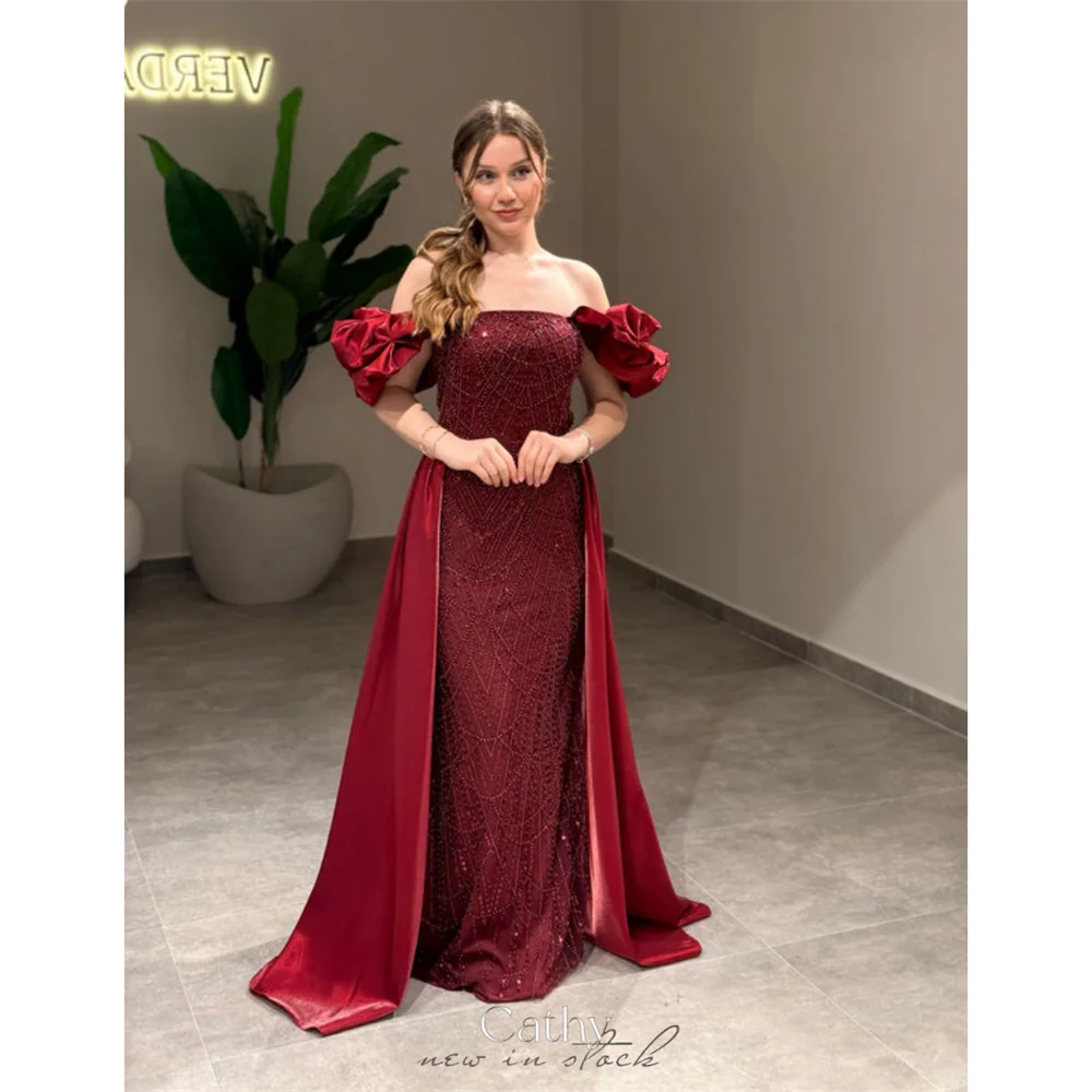 

Cathy Customized Burgundy Off Shoulder Beaded Wedding Dresses Mermaid Sleeveless vestidos de noiva Floor-Length Formal Evening