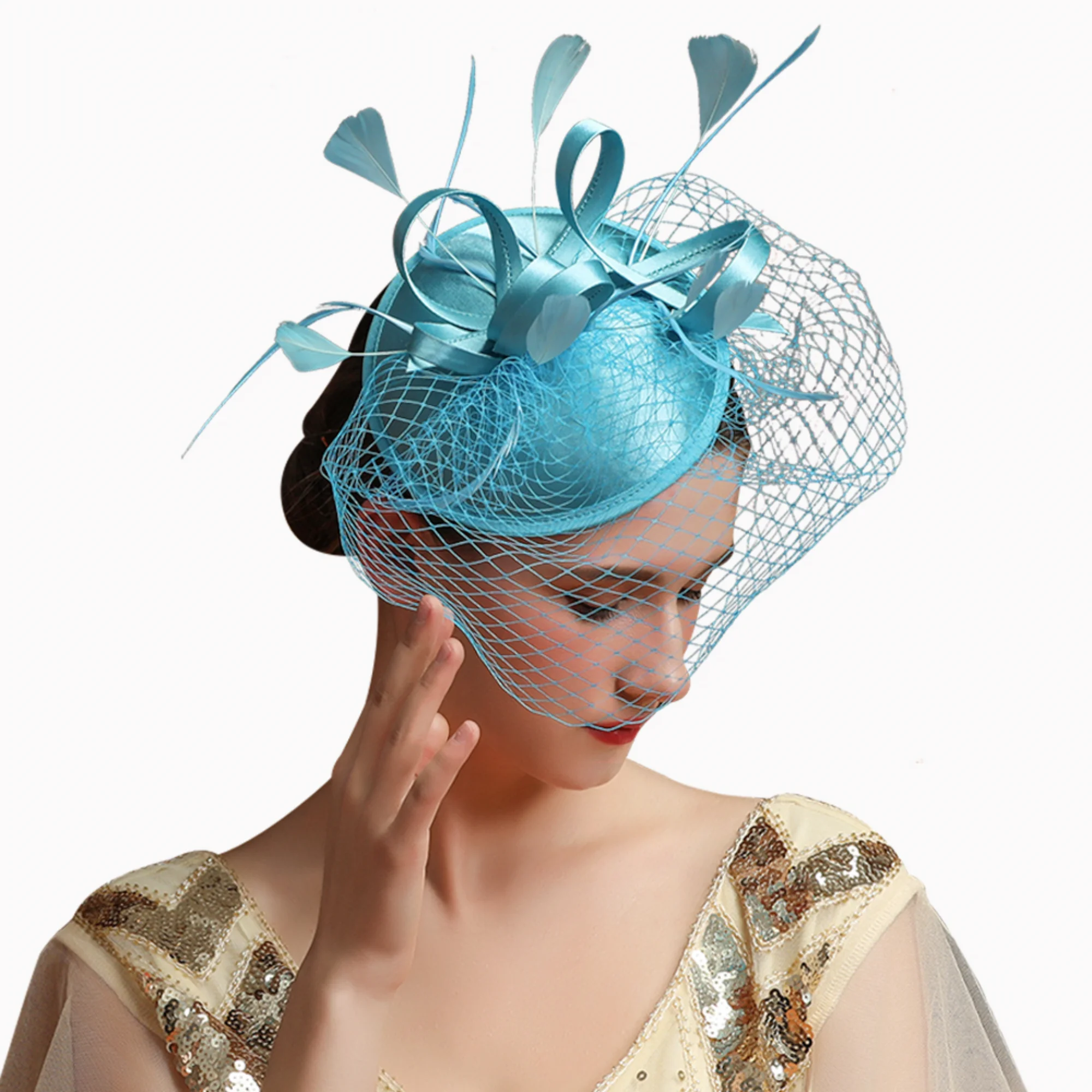 Satin Fascinator Fancy Hair Accessories Multicolour Kentucky Derby Hats Tea Party Hat Feather Headdress with Veil for Women