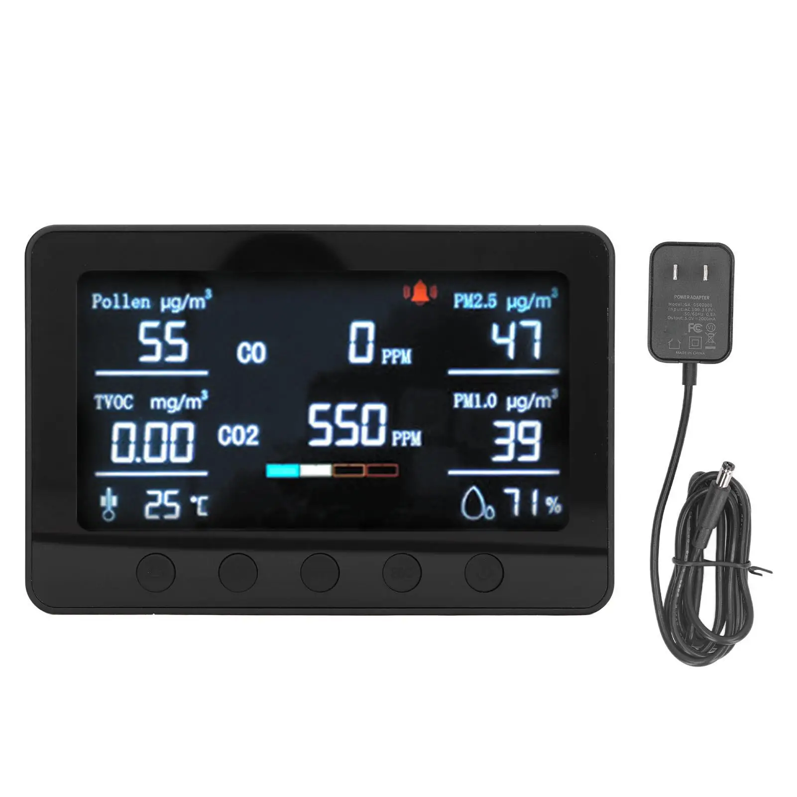

7-in-1 Air Quality Monitor | CO2, Temperature, Humidity, TVOC, PM2.5, PM1.0 & Pollen Detector with Large Display